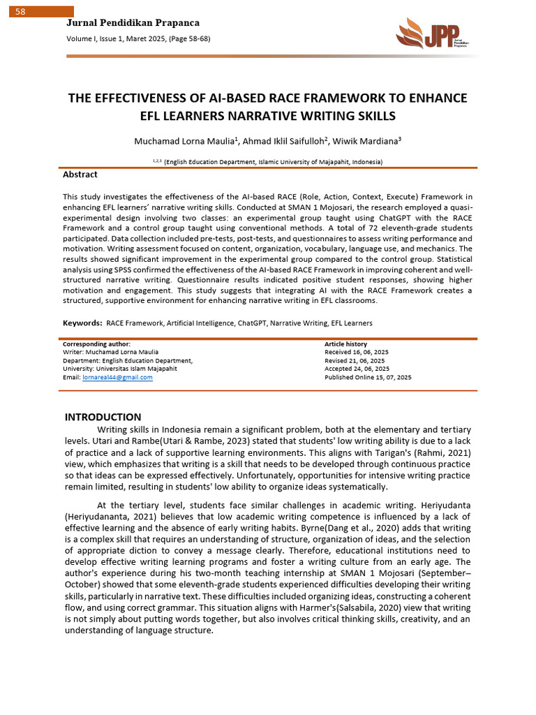 AI RACE Framework Boosts EFL Writing Skills | PDF | Student's T Test ...