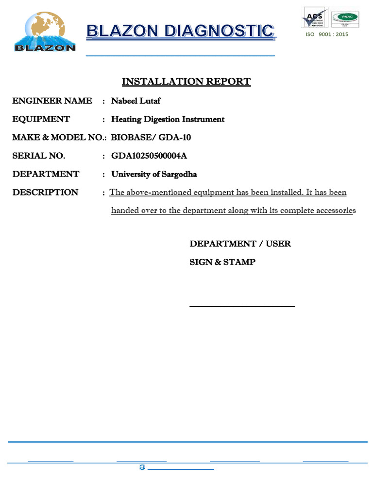 ISO 9001:2015 Diagnostic Installation Report | PDF