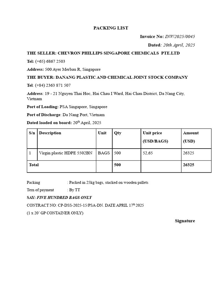 Packing List and Invoice for HDPE Shipment | PDF | Business
