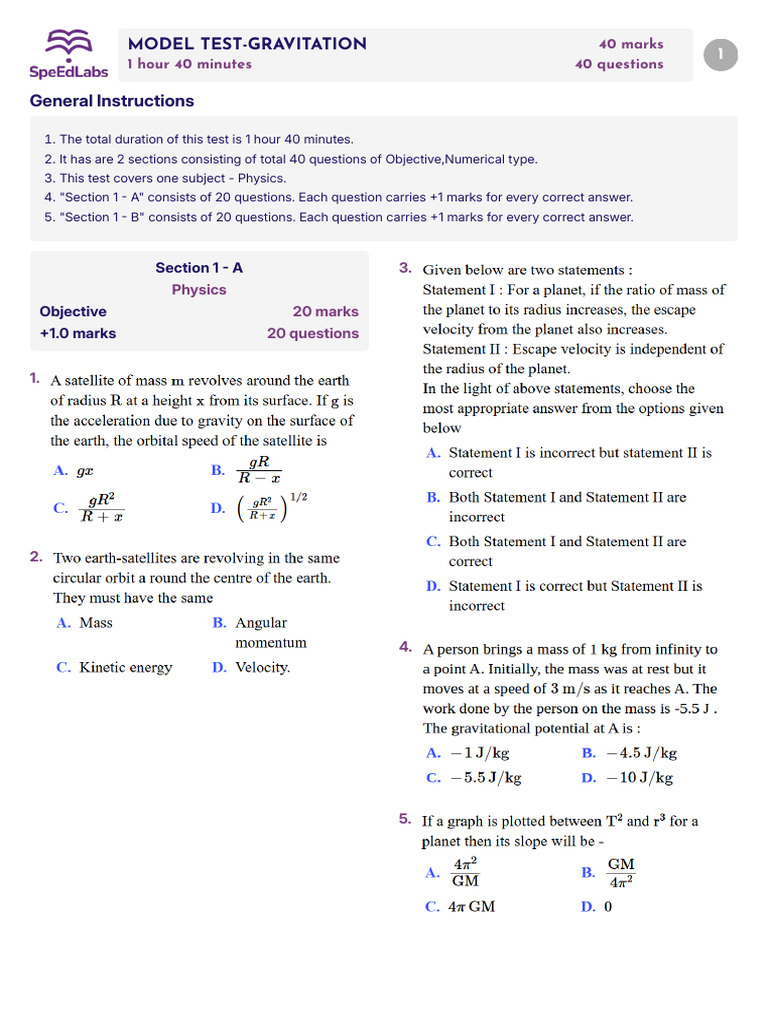 Physics Model Test on Gravitation | PDF