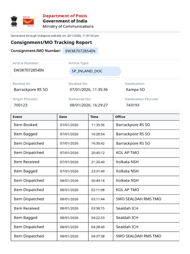 India Post Consignment Tracking Report | PDF