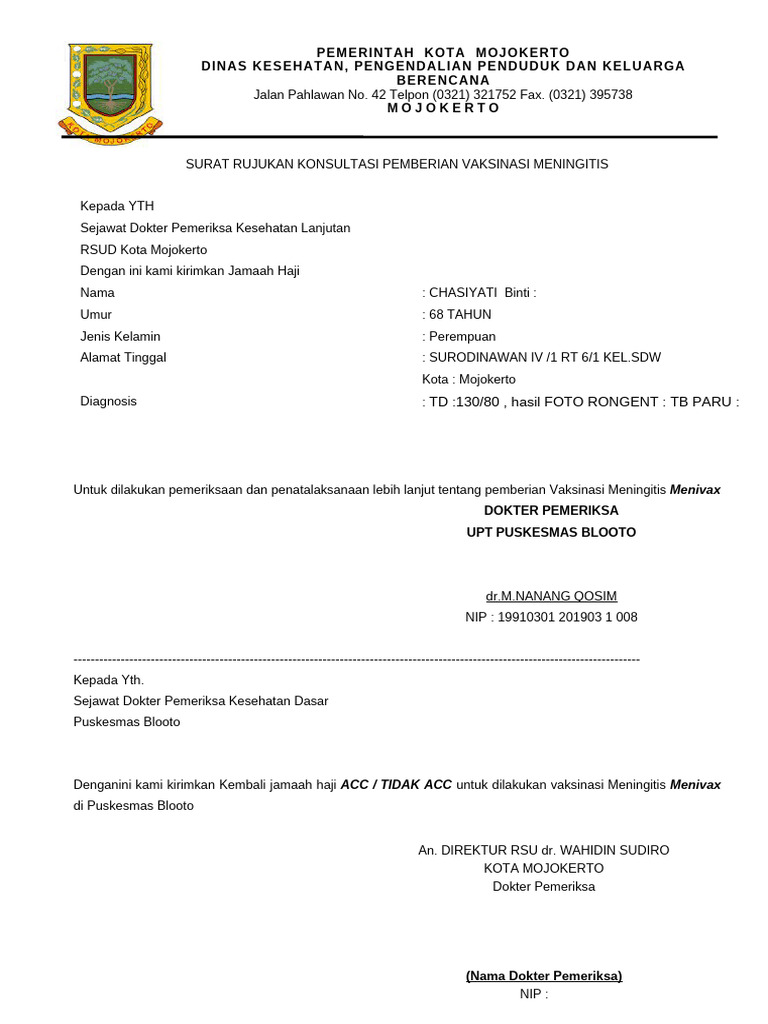 Surat Rujukan Vaksinasi Haji Mojokerto | PDF