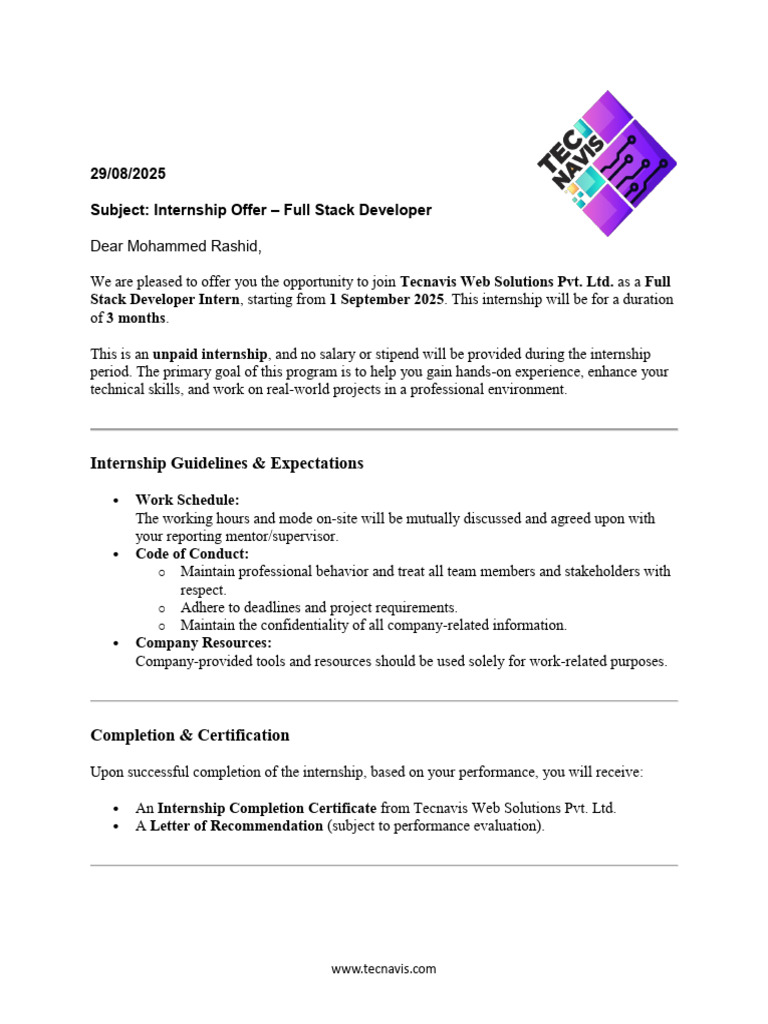 Internship Offer for Full Stack Developer | PDF