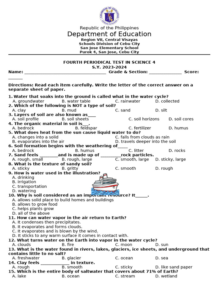 Fourth Periodical Test: Science 4 | PDF | Soil | Water