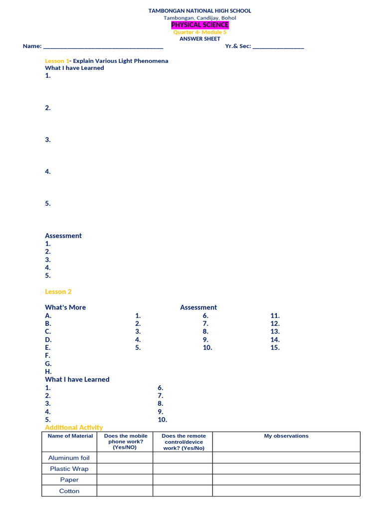 Physical Science Answer Sheet: Light Phenomena | PDF | Chess Openings ...