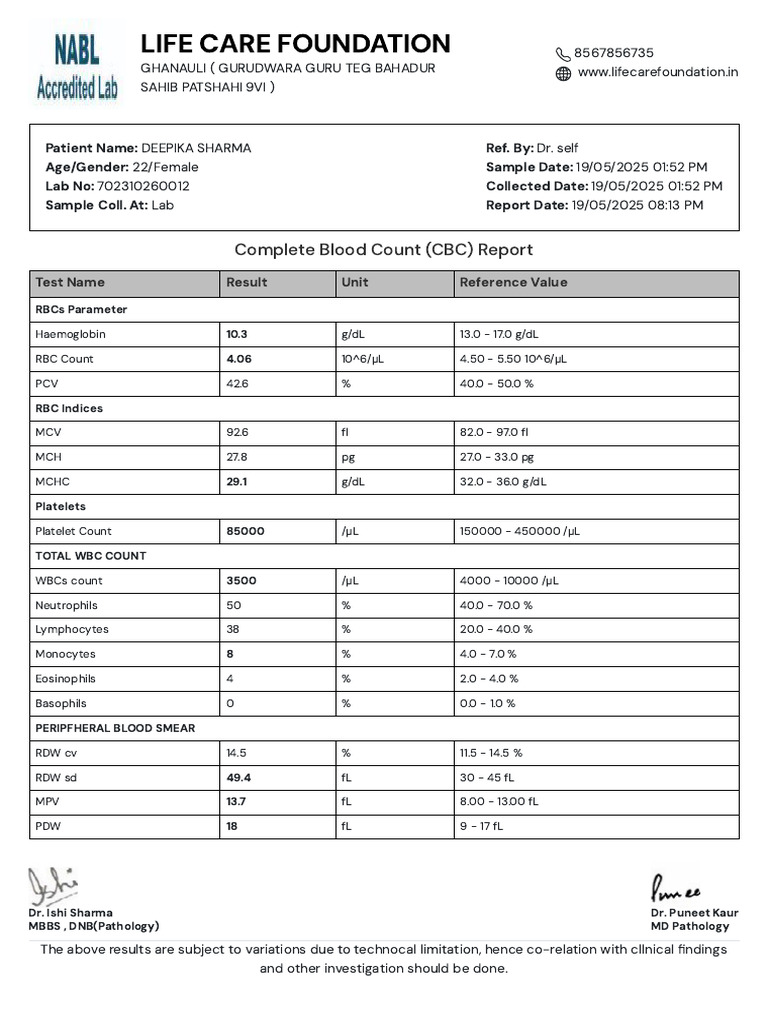 CBC Report for Deepika Sharma | PDF | White Blood Cell | Medical ...