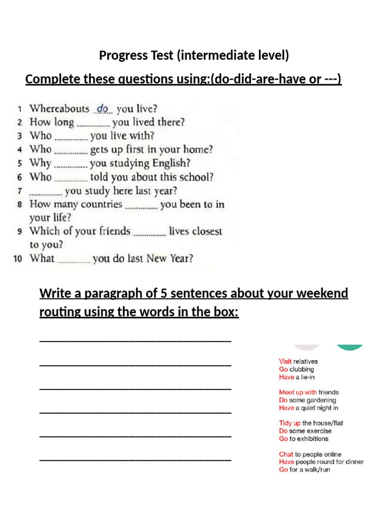 Intermediate Level Progress Test Guide | PDF