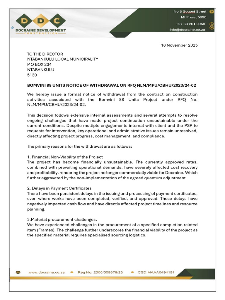 Withdrawal Notice for Bomvini 88 Units Project | PDF | Procurement ...