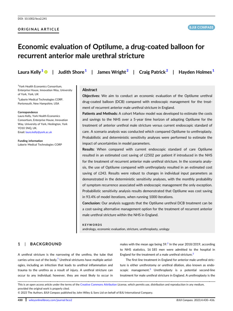 Economic Evaluation of Optilume DCB Treatment | PDF | Urology