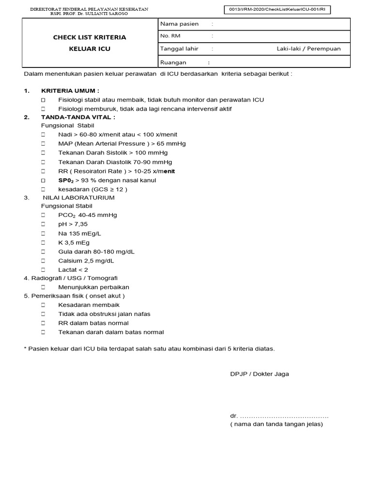 Kriteria Pasien Keluar ICU RSPI Sulianti | PDF
