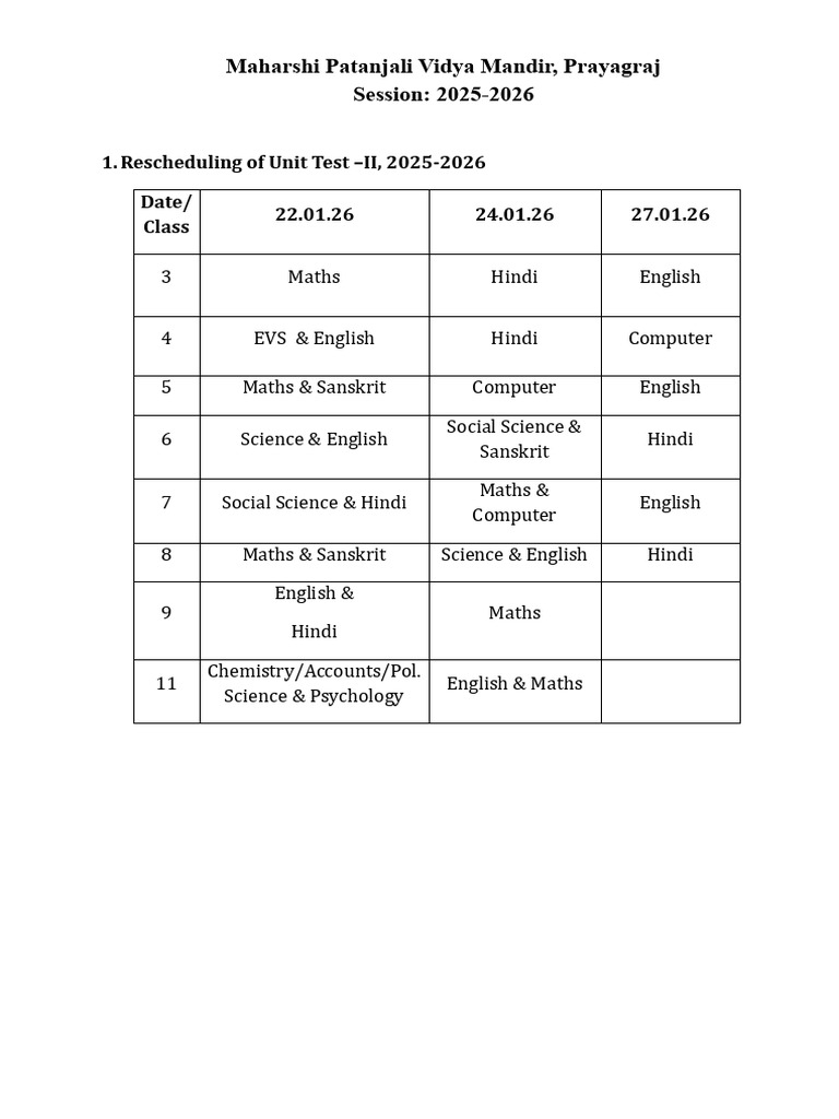 Unit Test Schedule 2025-2026 | PDF
