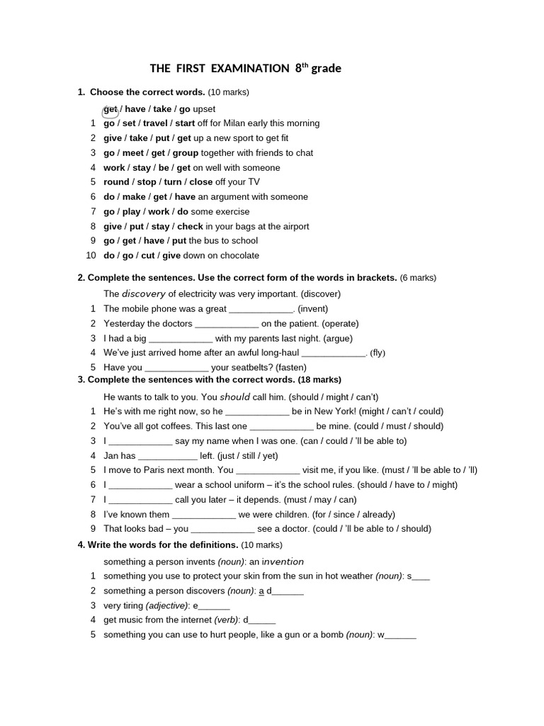 8th Grade English Exam Practice | PDF | Verb | Linguistics