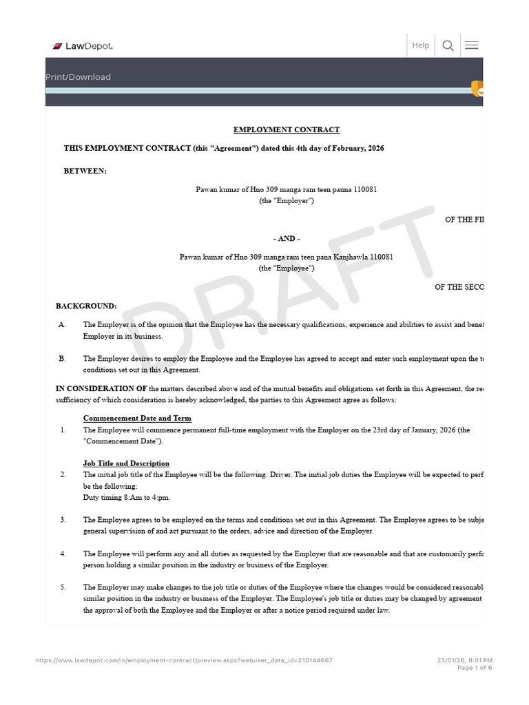 Employment Contract for Driver Position | PDF | Employment | Breach Of ...