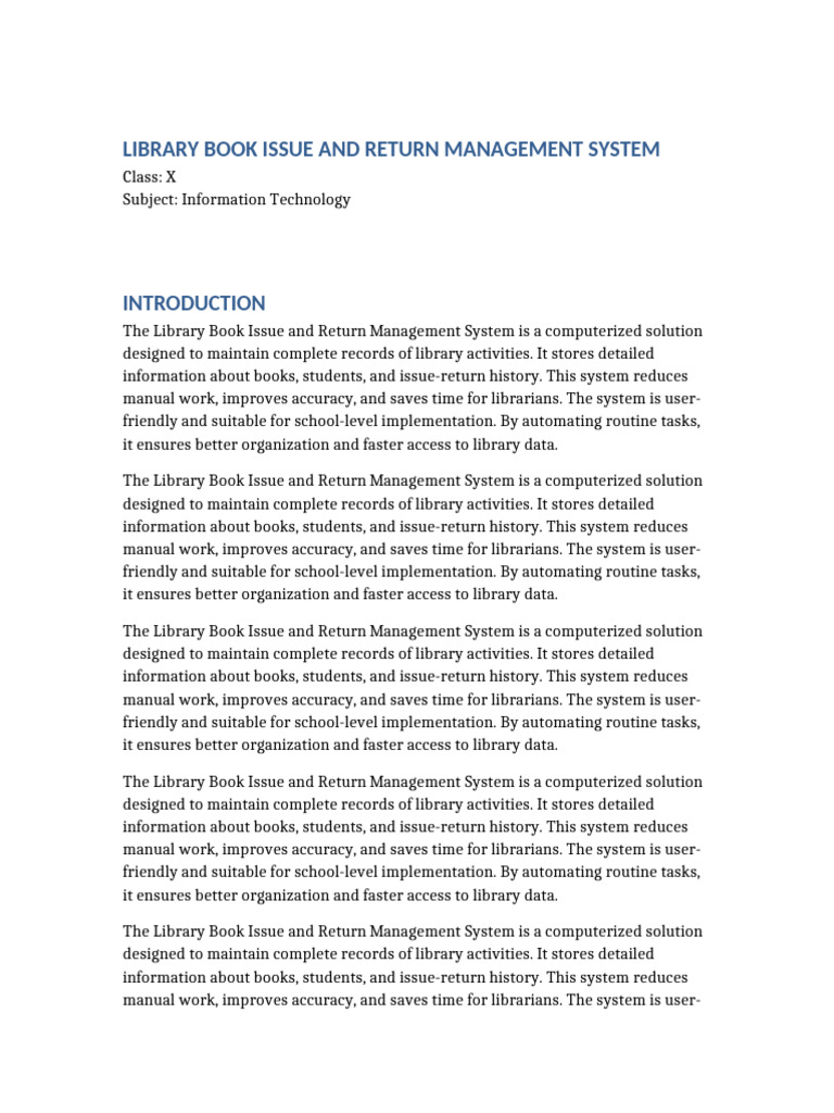 Class 10 Library Book Issue Return Management 39 Pages | PDF ...