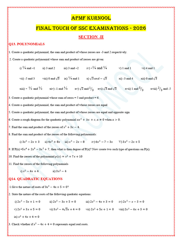 Quadratic Polynomials and Equations Guide | PDF | Zero Of A Function ...