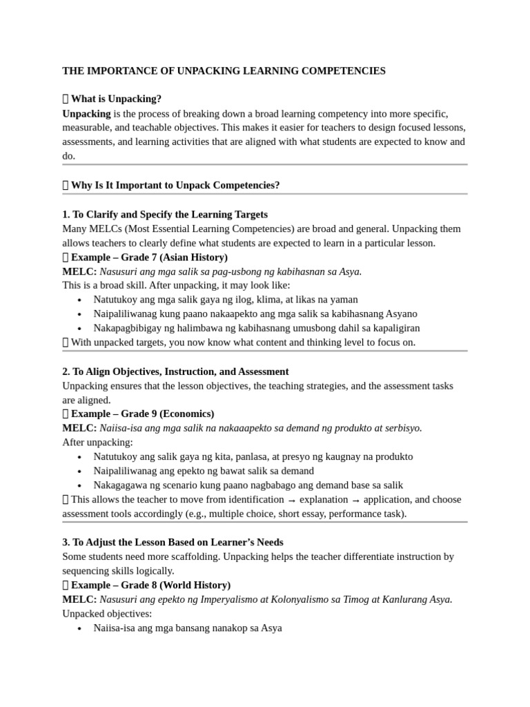 Unpacking Learning Competencies Explained | PDF | Learning | Procedural ...