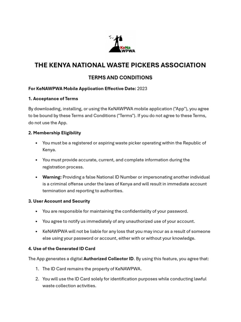 KeNAWPWA App Terms and Conditions | PDF | Indemnity | Identity Document