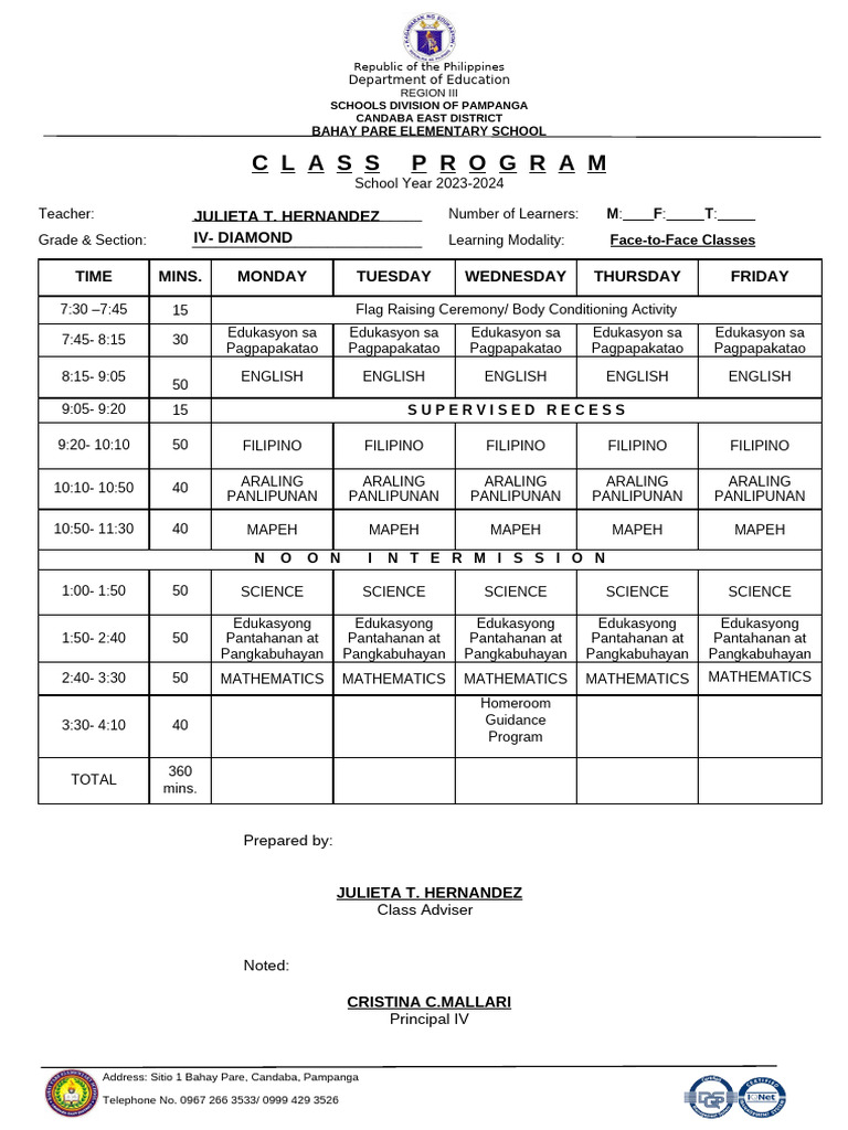Bahay Pare Elementary School Class Program | PDF | Republic | Southeast ...