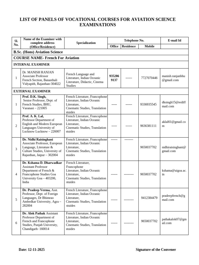 Aviation Science Course Panel List | PDF