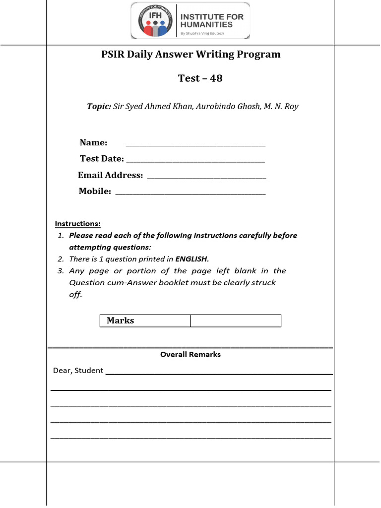 PSIR Daily Test: Sir Syed, Aurobindo, Roy | PDF