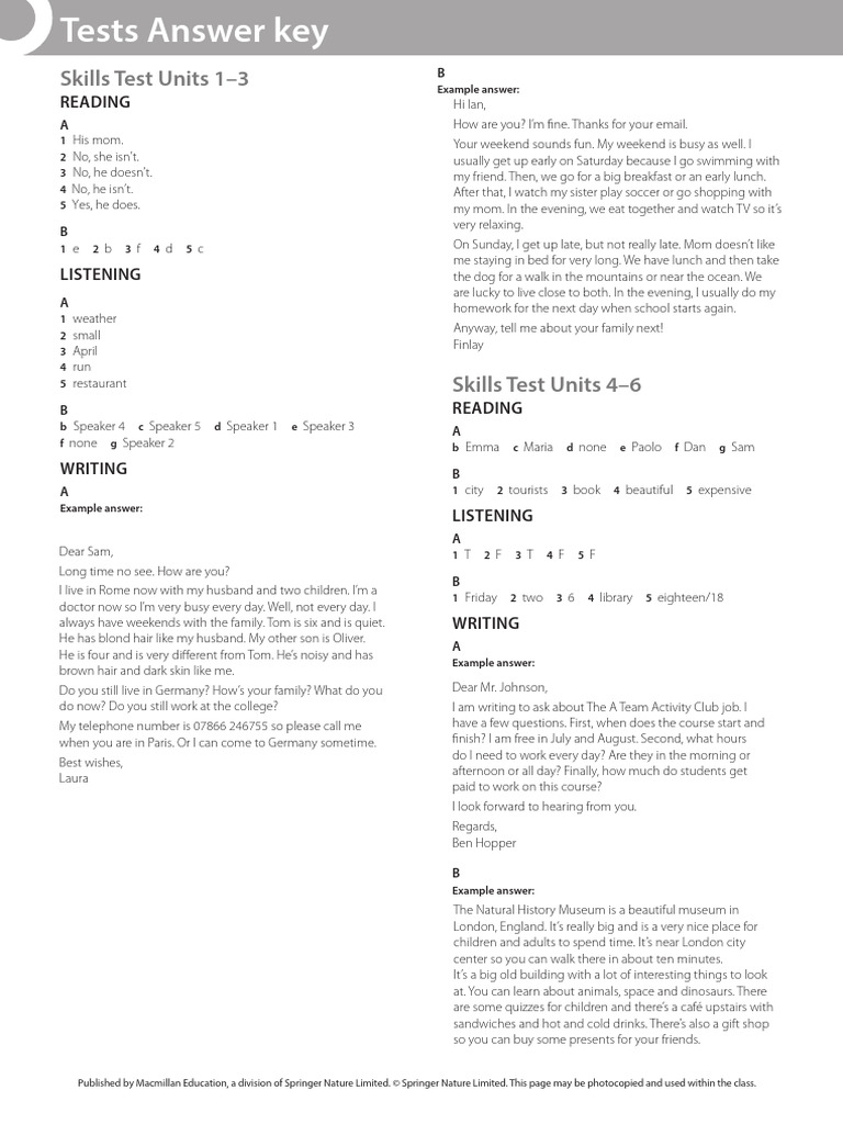 Skills Test Answer Key for Units 1-9 | PDF