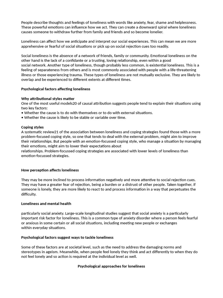 Understanding Loneliness and Its Impact | PDF | Anxiety | Thought