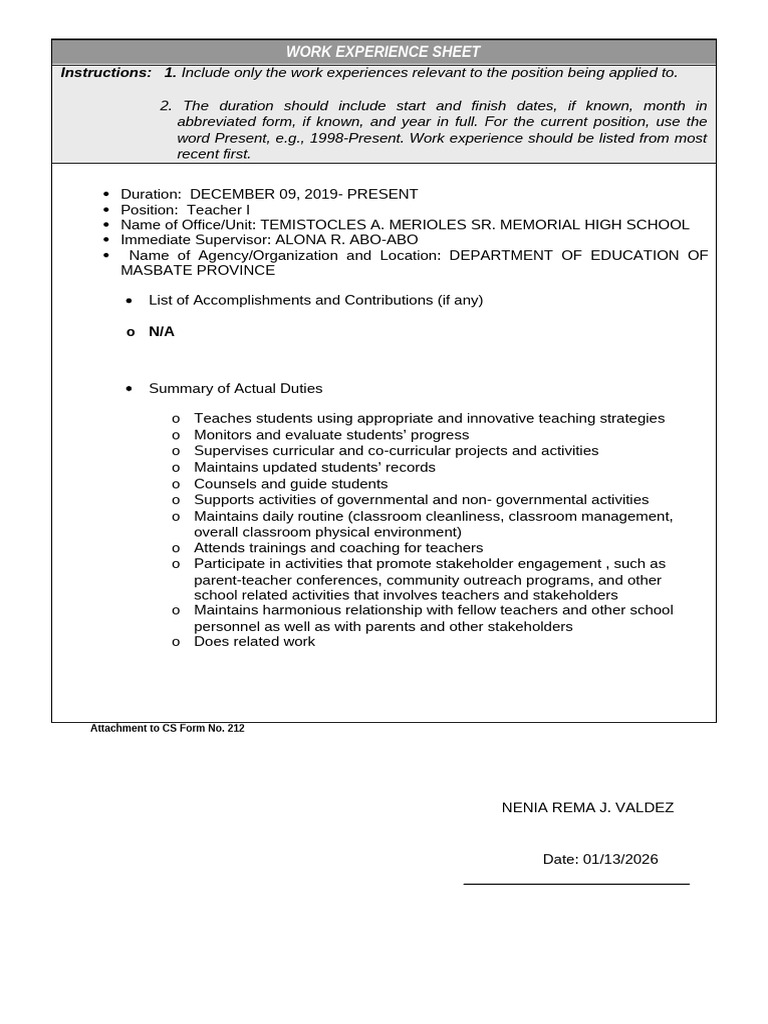 Work Experience Sheet for Teacher I | PDF