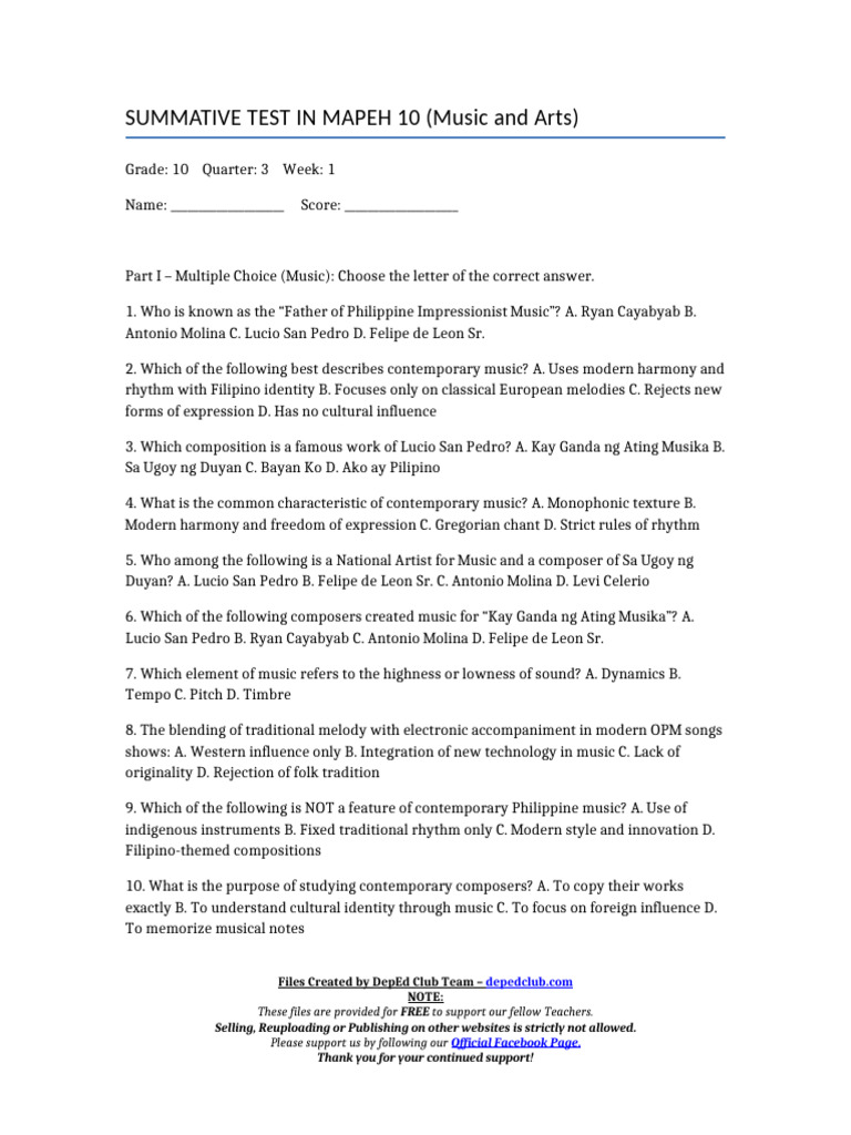 MAPEH 10 Summative Test: Music & Arts | PDF | Musicology | The Arts