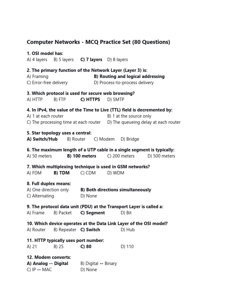 Computer Networks MCQ Practice Set | PDF | Computer Network | Osi Model