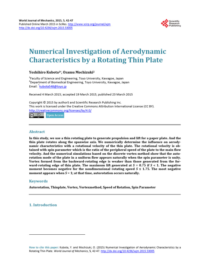 Aerodynamic Study of Rotating Thin Plates | PDF | Vortices | Lift (Force)