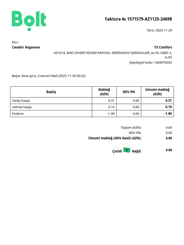 Ride Invoice From Bolt | PDF