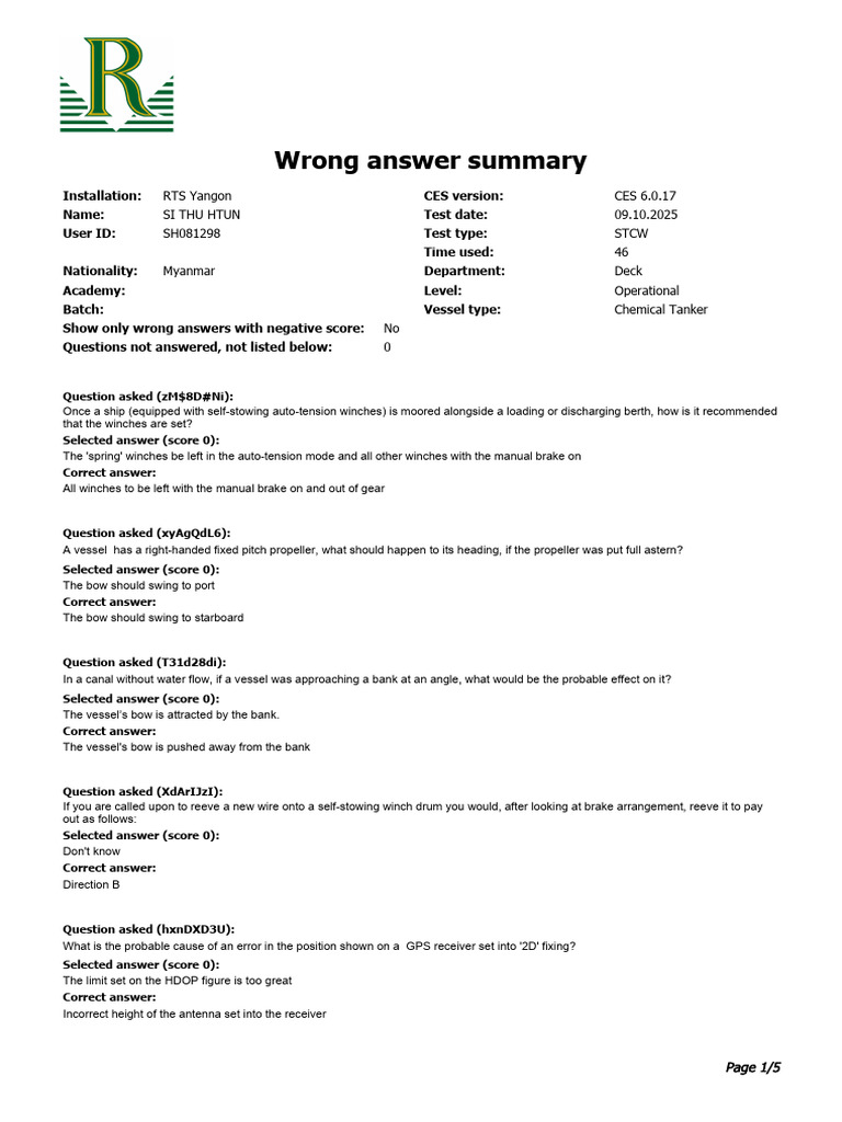 STCW Wrong Answer Summary Report | PDF | Water Transport | Ships