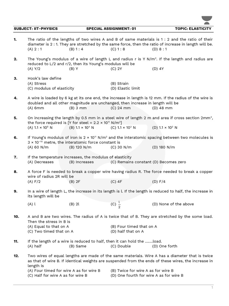 IIT Physics Elasticity Assignment Questions | PDF | Young's Modulus ...