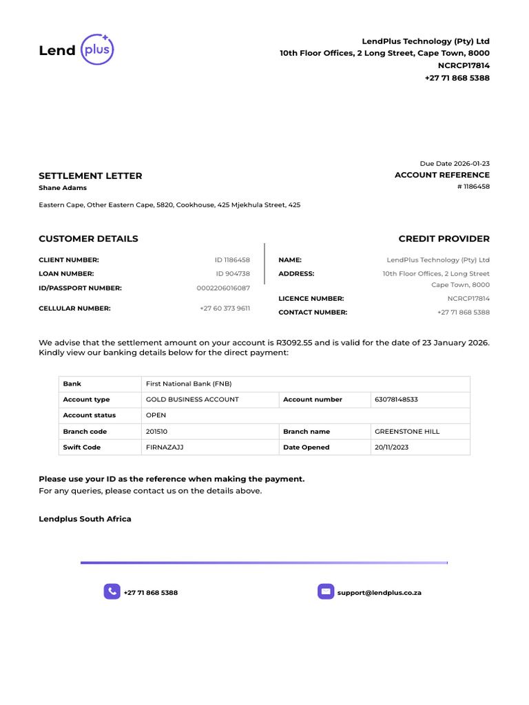 LendPlus Settlement Letter Details | PDF | Financial Services | Banking