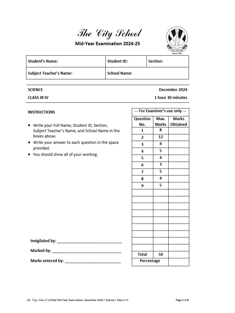 Science Mid-Year Exam Jr IV December 2024 | PDF | Machines | Ecosystem