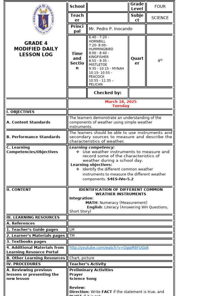 Grade 4 Science Weather Lesson Plan | PDF | Intelligence | Human ...