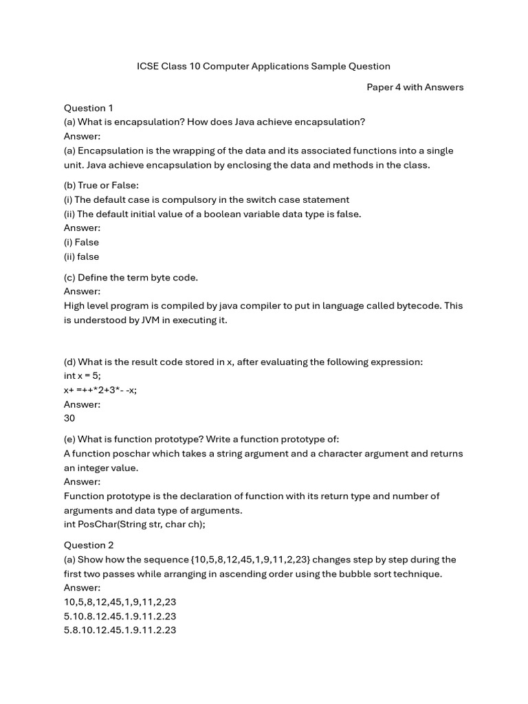 ICSE Class 10 Computer Apps Sample Paper | PDF | Data Type | Parameter ...