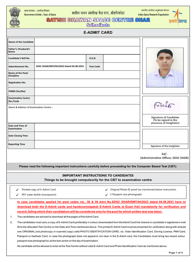 SDSC SHAR E-Admit Card Instructions | PDF | Identity Document