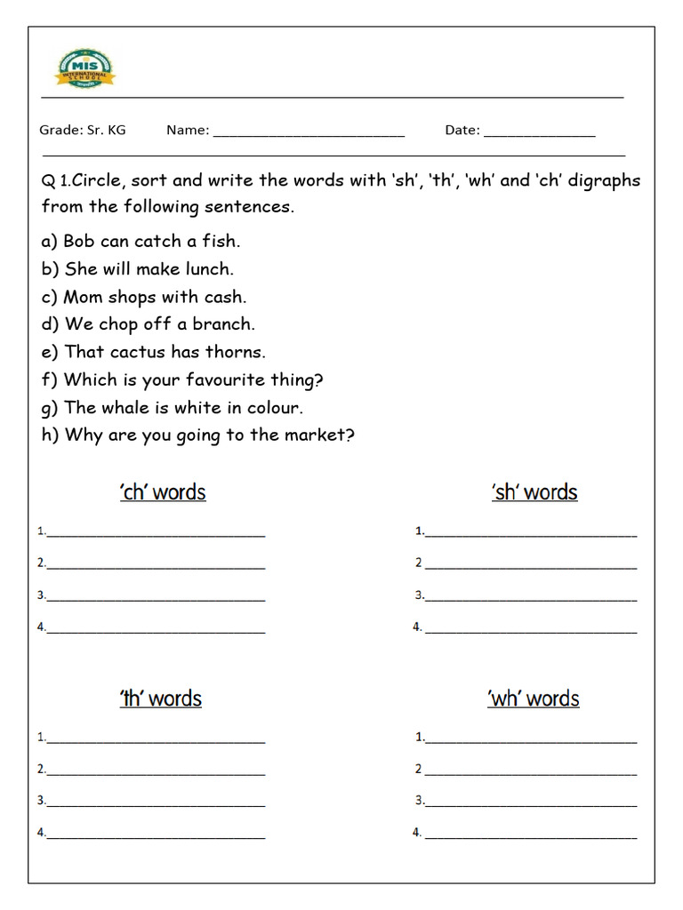 English Digraphs Worksheet for Sr. KG | PDF