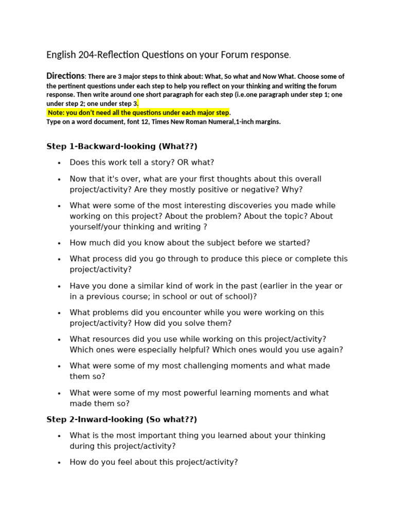 Reflection Questions for Forum Response | PDF | Thought | Learning