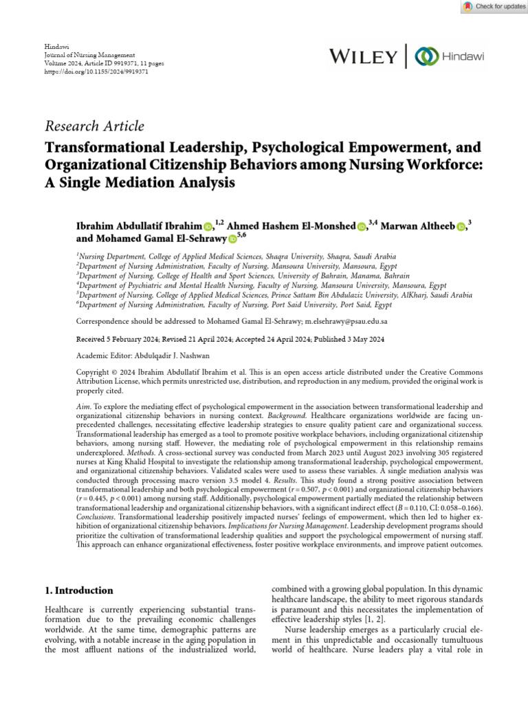 Transformational Leadership in Nursing | PDF | Nursing | Leadership
