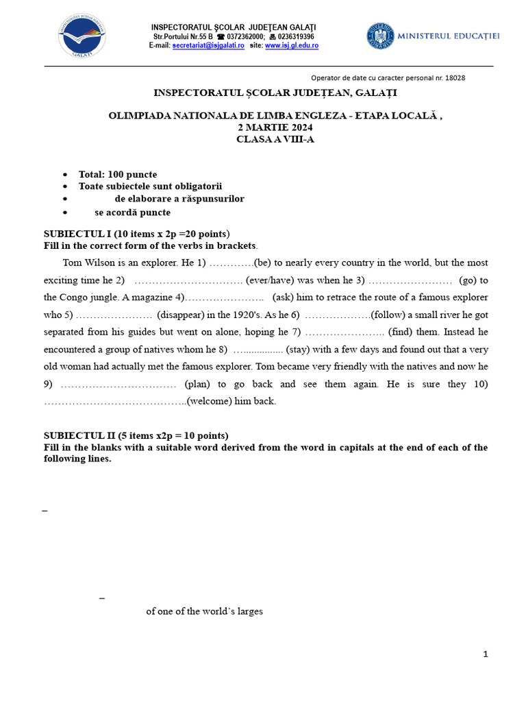 English Olympiad Exam for 8th Grade | PDF | Vocabulary