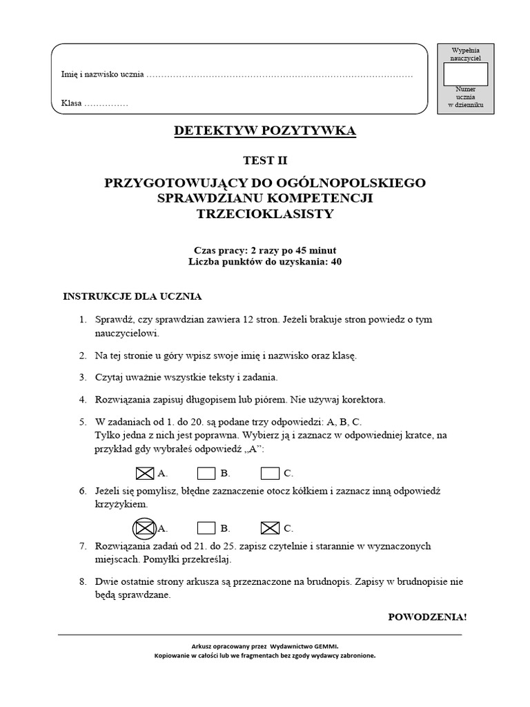 Kl3 TEST II Detektyw-1 | PDF