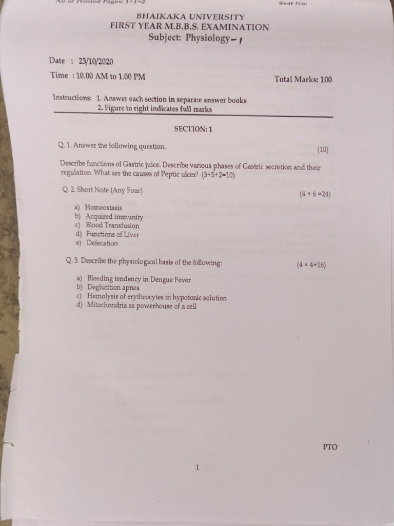 Physiology Paper ? | PDF