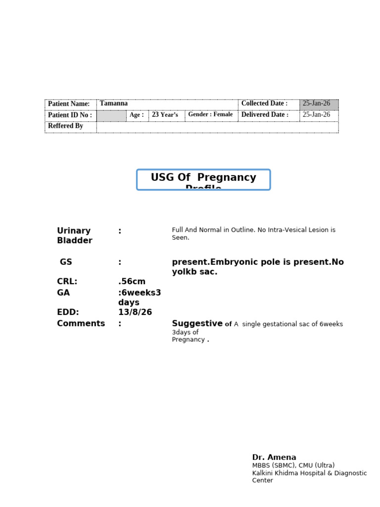 6-Week Pregnancy Ultrasound Report | PDF