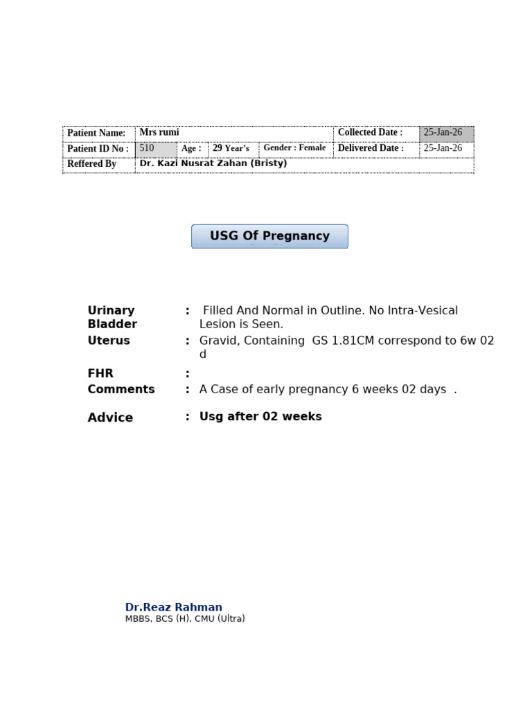 Early Pregnancy Ultrasound Report | PDF