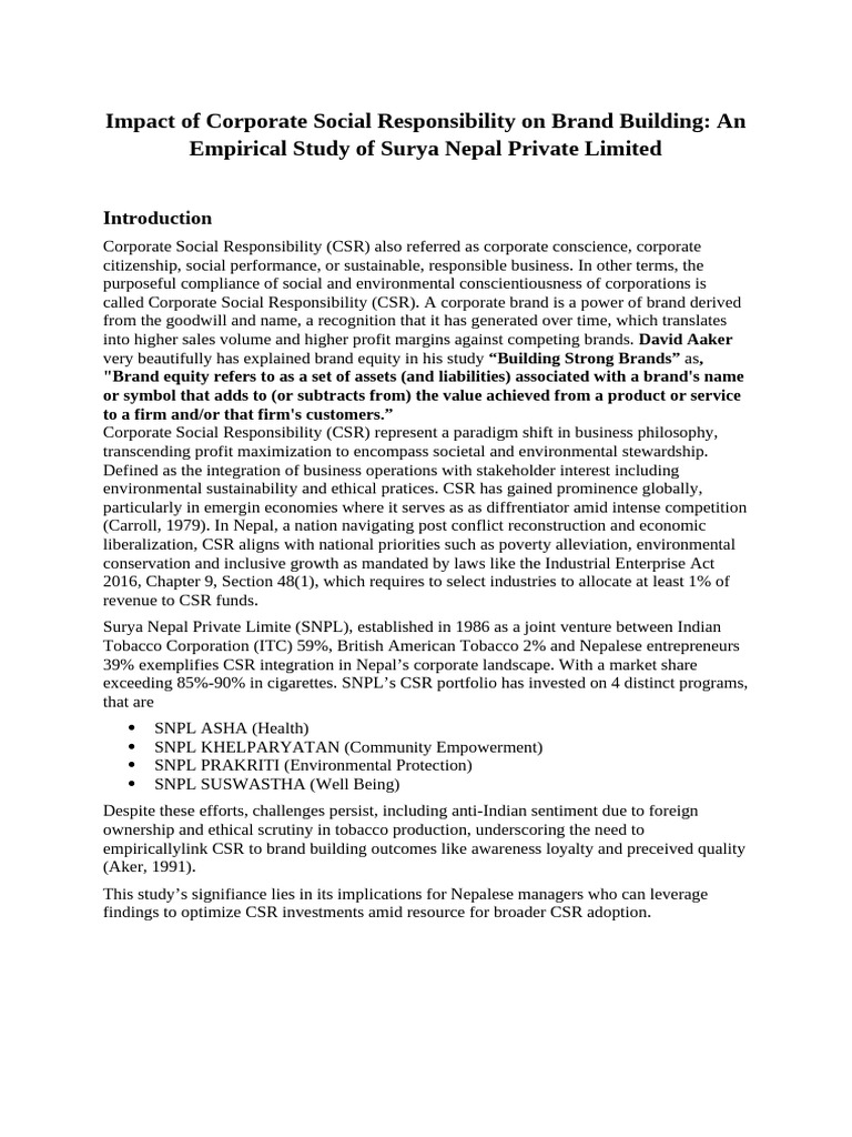 CSR's Role in Brand Building in Nepal | PDF | Corporate Social ...