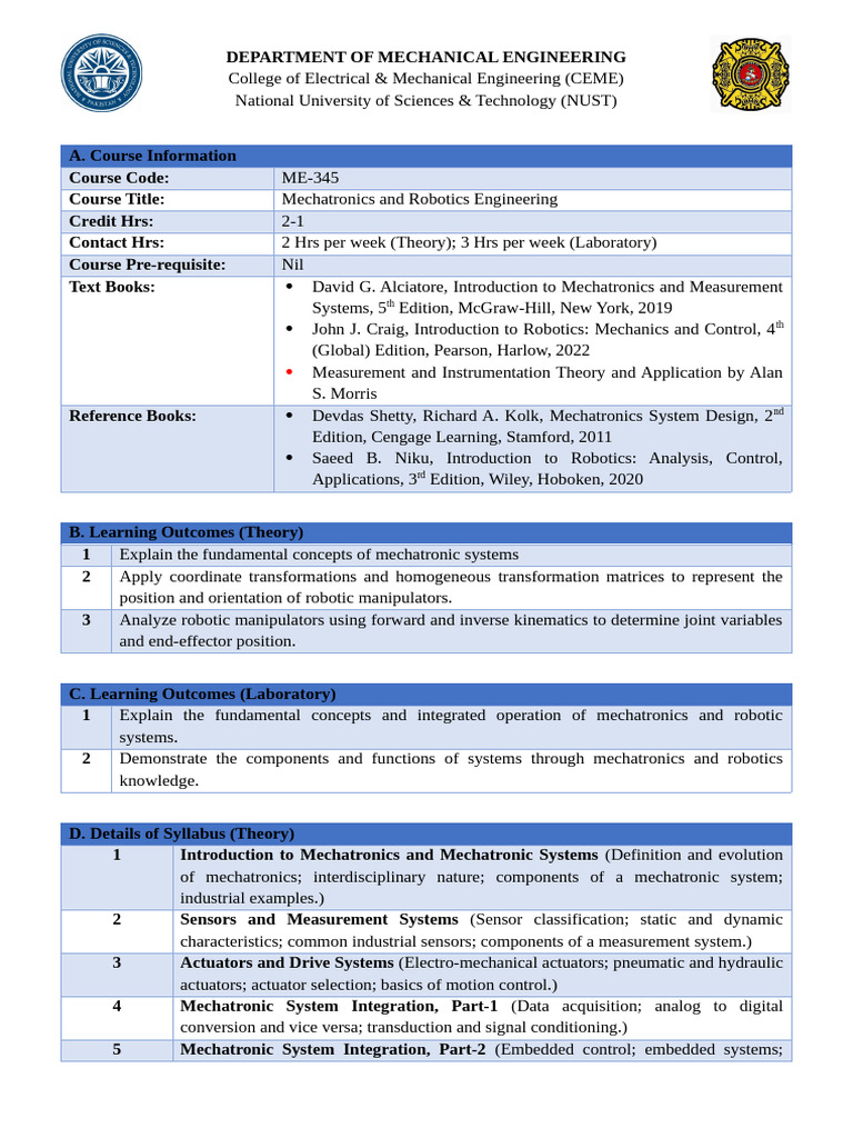 Outlines ME-345 Mechatronics and Robotics Engineering | PDF ...