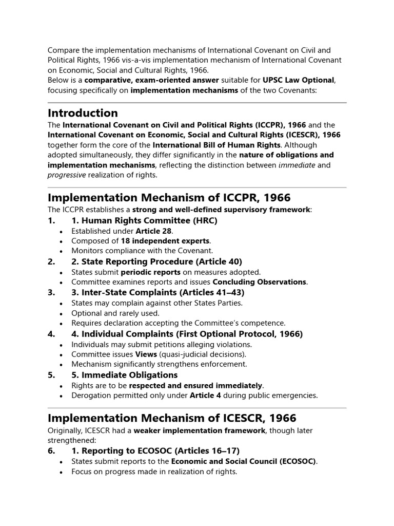 ICCPR vs ICESCR: Implementation Mechanisms | PDF | Human Rights | Justice