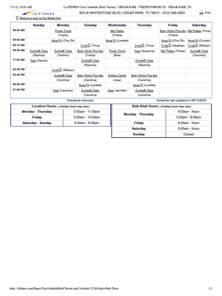 LA FITNESS Class Schedule - CEDAR PARK - WHITESTONE BLVD - CEDAR PARK ...